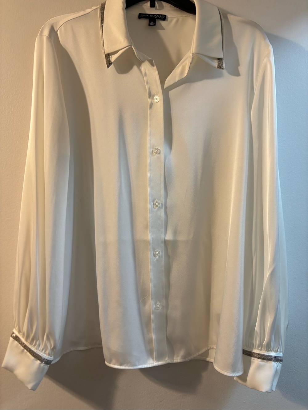 Ivory Satin Button-Front Blouse with Metallic Trim